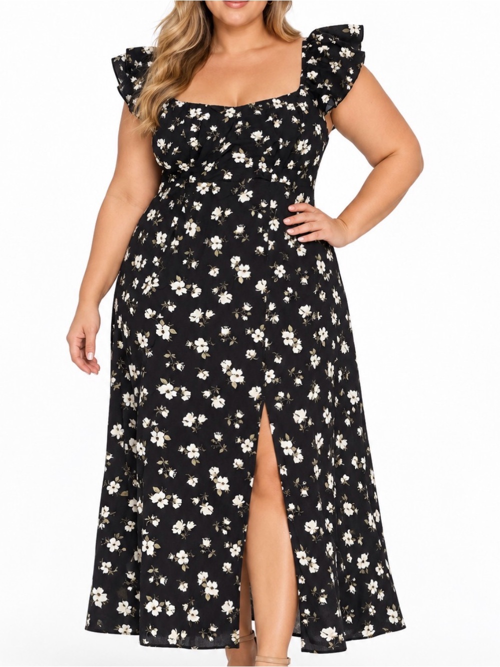 Old Navy Black White Floral Ruffle puff Sleeve Maxi Dress Front Slit SZ XL